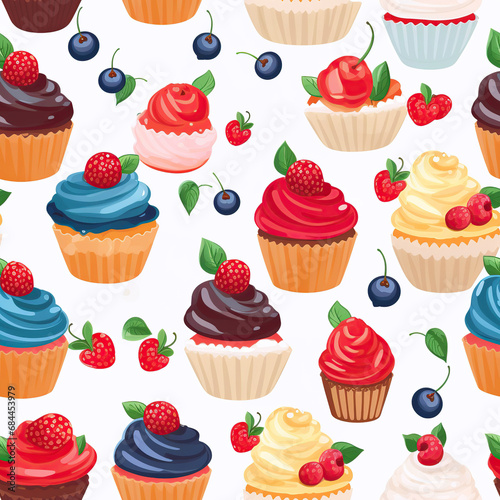 seamless pattern with festive cupcakes muffins with cream and berries on white background