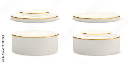 Realistic white podium with golden border. Vector 3d round pedestal set, cylinder stand isolated. Empty platform for cosmetic product presentation