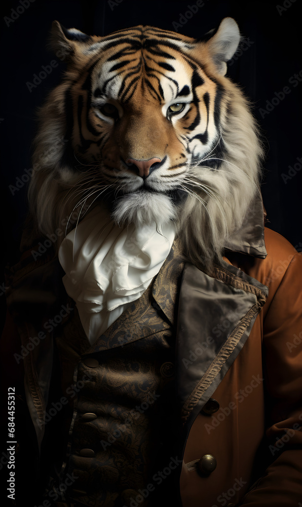 portrait of tiger dressed in Victorian era clothes, confident vintage fashion portrait of an anthropomorphic animal, posing with a charismatic human attitude