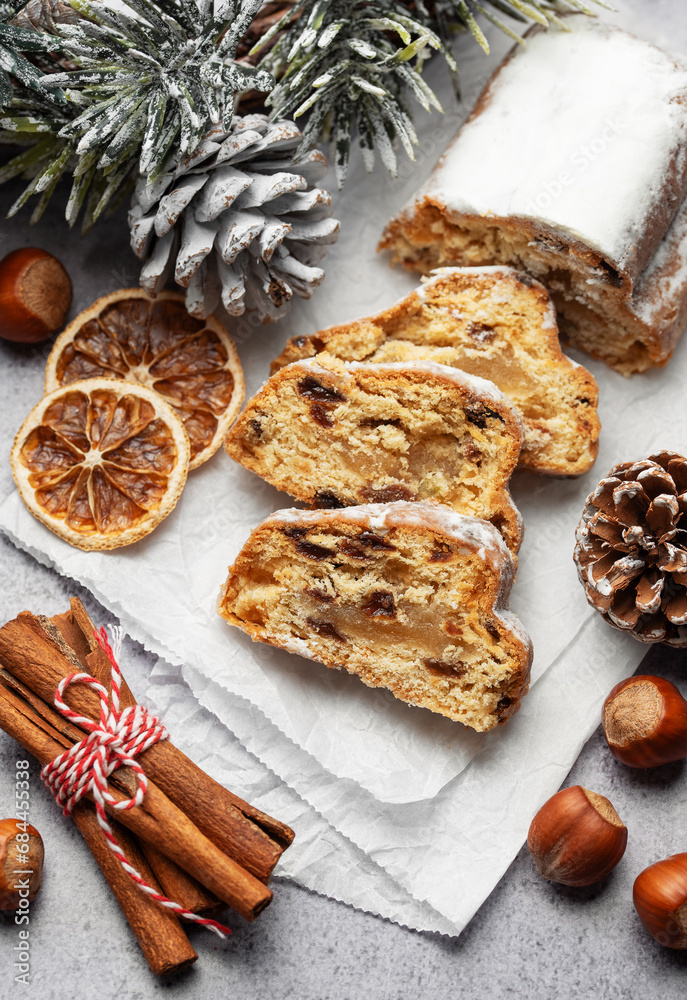 Christmas stollen with winter holidays decoration. Christmas stollen with winter holidays decoration.