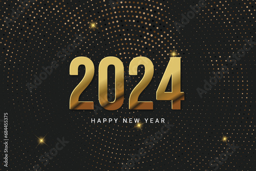 Happy New Year 2024. Holiday vector illustration of golden metallic and sparkling glitters pattern.