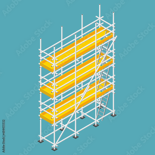 Isometric and isolated three bay three lift of tubular scaffolding installation. Steel pipe of scaffold. Vector illustration of construction and repair working platform.