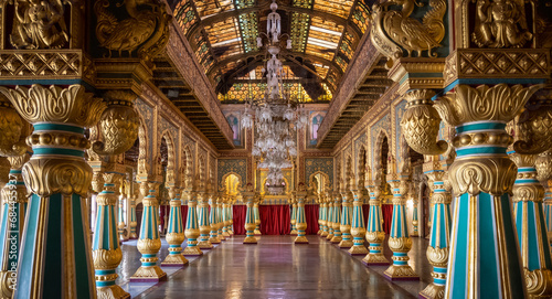 Beautiful decorated interior ceiling and pillars of the Durbar or audience hall inside the royal Mysore Palace photo