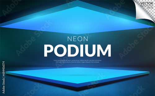 Square podium with blue neon light on studio background, backdrop for display product on sale. Vector illustration