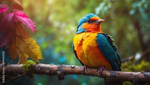 Colorful bird sits on a branch in the forest