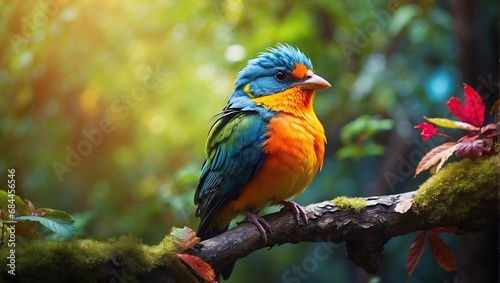 Colorful bird sits on a branch in the forest