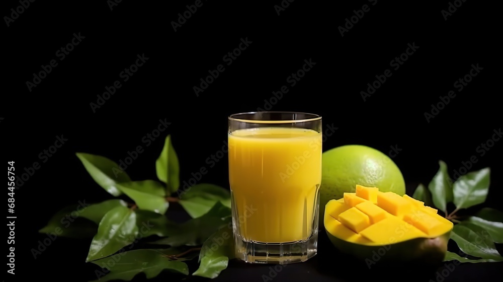 Fototapeta premium Mango juice in a glass and fresh mango on a black background