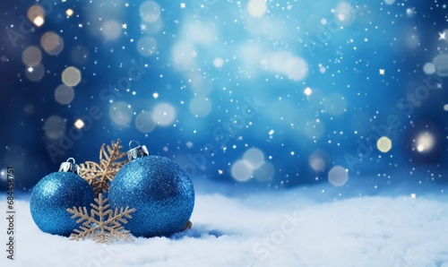 Blue Christmas; Festive background with Christmas decoration on snow, AI generator