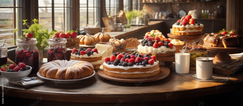 In the corner of the quaint bakery, a wooden table displayed a tempting spread of gourmet pastries, including a scrumptious strawberry cake and black forest pastries adorned with fresh fruits; the