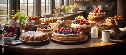 In the corner of the quaint bakery, a wooden table displayed a tempting spread of gourmet pastries, including a scrumptious strawberry cake and black forest pastries adorned with fresh fruits; the