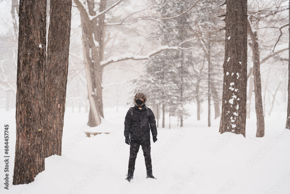 Traveler with Sweater and backpack walking on snow covered forest in frosty weather. Winter Travel, Adventure, Exploring and Vacation concept Traveler with Sweater and backpack walking on snow covered forest in frosty weather. Winter Travel, Adventure, Exploring and Vacation concept