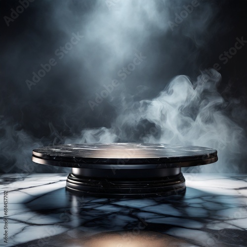Mystical Aura: Dark Room Setting with an Empty Black Marble Table Podium