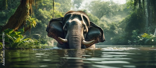 In the lush Asian jungle, a majestic elephant gracefully bathes in the natural river water, as tourists admire its portrait in the serene park, captivated by the beauty of nature and the charm of this photo