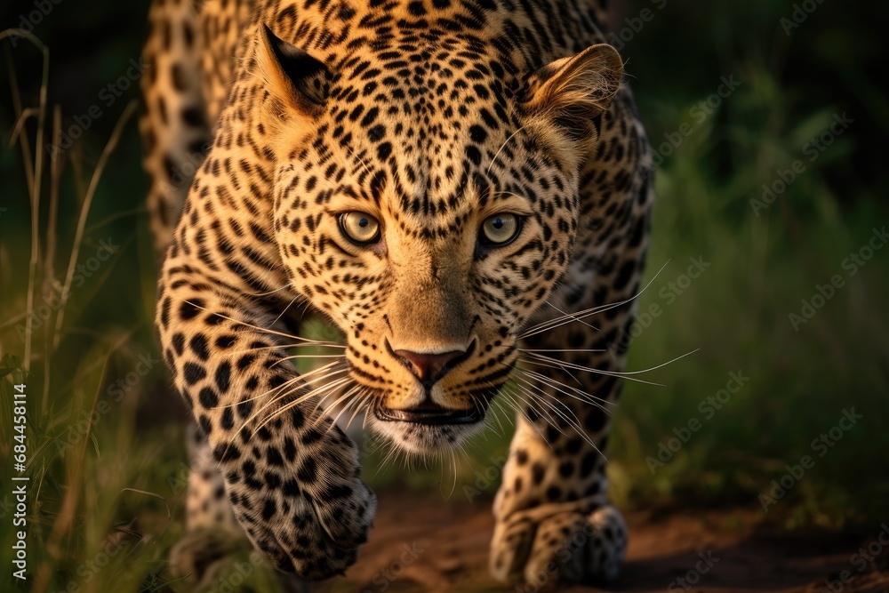 Fototapeta premium Leopard in the Okavango Delta - Moremi National Park in Botswana, Close-up of a leopard stalking prey, AI Generated
