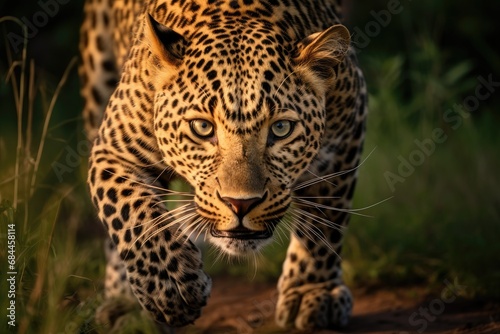 Leopard in the Okavango Delta - Moremi National Park in Botswana, Close-up of a leopard stalking prey, AI Generated