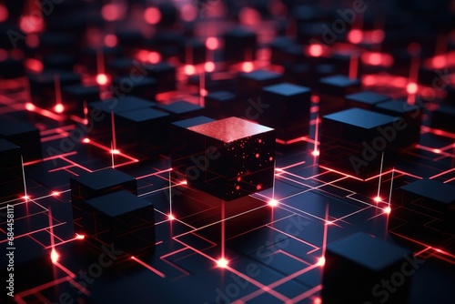 Abstract red technology background with glowing cubes. 3d rendering toned image, Close-up of a red glowing blockchain network with interconnected blocks and data fields, featuring, AI Generated photo