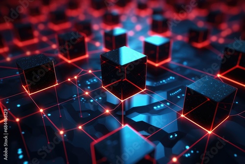 Fototapeta Naklejka Na Ścianę i Meble -  Abstract 3d rendering of black cubes with red neon lights on dark background, Close-up of a red glowing blockchain network with interconnected blocks and data fields, featuring, AI Generated