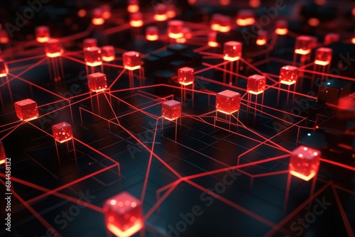 Fototapeta Naklejka Na Ścianę i Meble -  3D rendering of a network of red cubes on a dark background, Close-up of a red glowing blockchain network with interconnected blocks and data fields, AI Generated