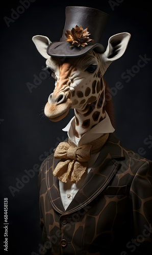 portrait of giraffe dressed in Victorian era clothes, confident vintage fashion portrait of an anthropomorphic animal, posing with a charismatic human attitude