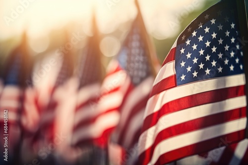 American flag background. Close up of American flag on blurred background, Closeup of an American flag in a row, Memorial day, Independence day, AI Generated