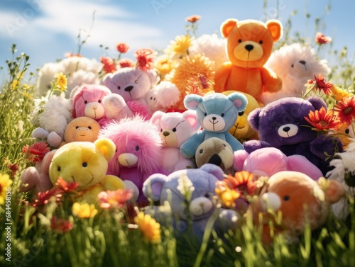 A bunch of stuffed animals sitting in a field of flowers. Generative AI.