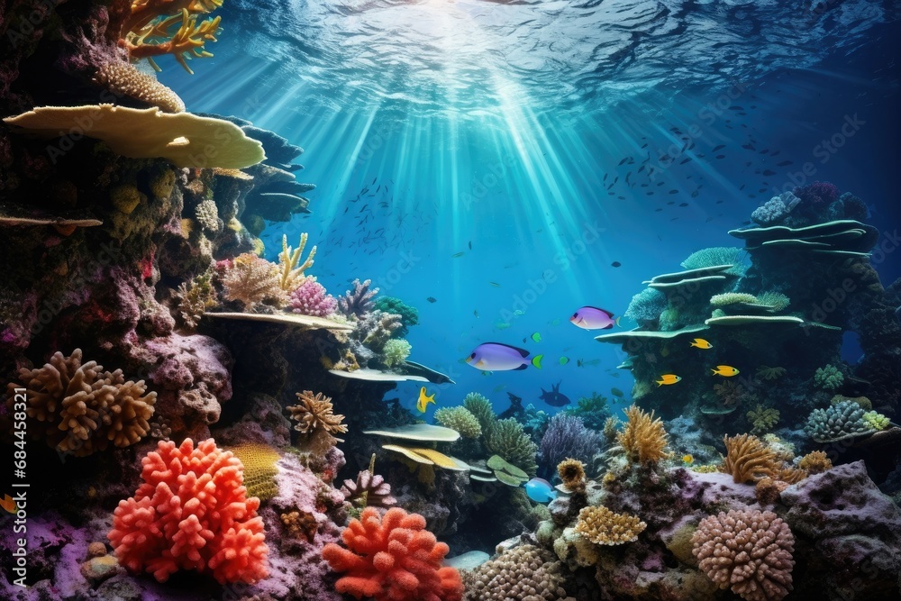 Fototapeta premium Underwater world with corals, fishes and rays of light, Coral garden seascape and the underwater world, AI Generated