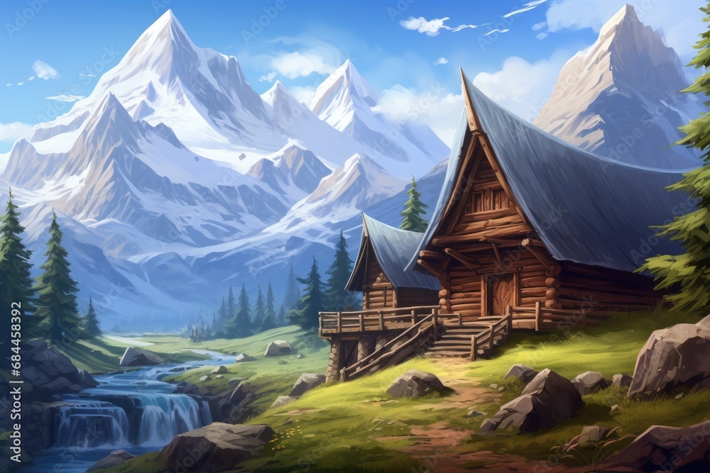 Beautiful mountain landscape with wooden log house and waterfall. Digital painting, Create a picturesque mountain scene with a log home on the side of a rugged mountain with, AI Generated