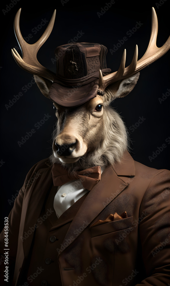 portrait of elk dressed in Victorian era clothes, confident vintage ...