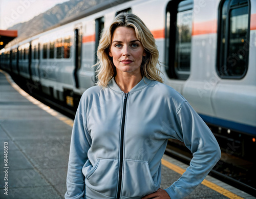 photo of middle aged woman with tracksuit sports standing in front of metro train station , generative AI