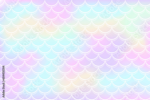 Holographic rainbow background with mermaid scales. A pattern with a tail on a gradient. Marine underwater pattern. Vector