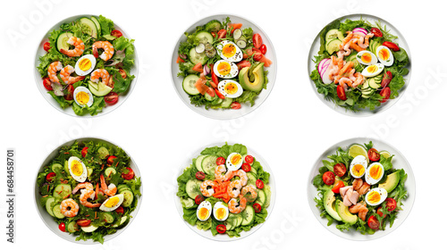 Collection of PNG. Rich plates of salad from green leaves mix and vegetables with avocado or eggs, chicken and shrimps. Top view isolated on a transparent background.