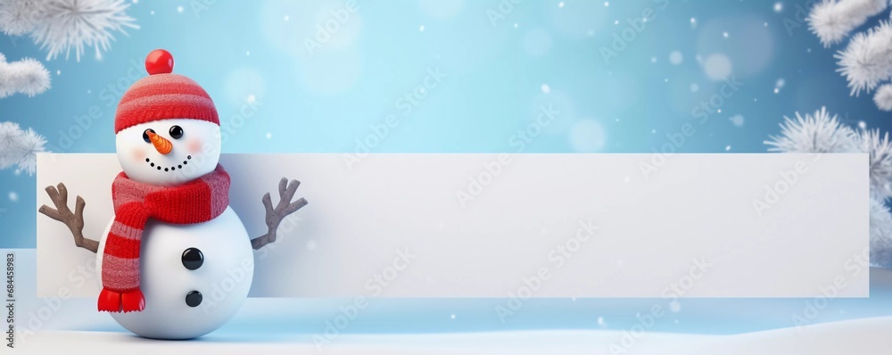 3D cartoon happy snowman holding blank banner, winter background, Christmas card, AI generator