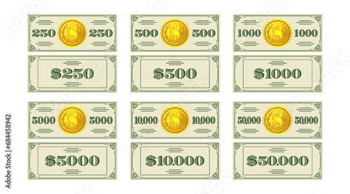 Vector set of banknotes, flyers, coupons or vouchers in denominations of 250, 500, 1000, 5000, 10000 and 50000 dollars, with a gold coin in the center. Obverse and reverse of play money. Part 2 photo