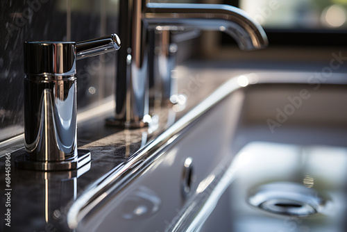 Chrome minimalistic sink faucet. Close-up, side view, selective focus