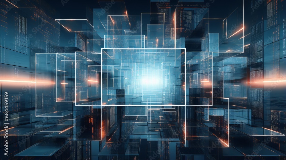 futuristic digital connection: computer screen view illustration of innovative architecture