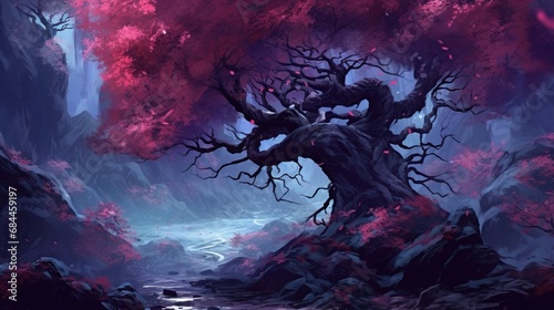 Halloween background. Illustration of an old tree in the forest