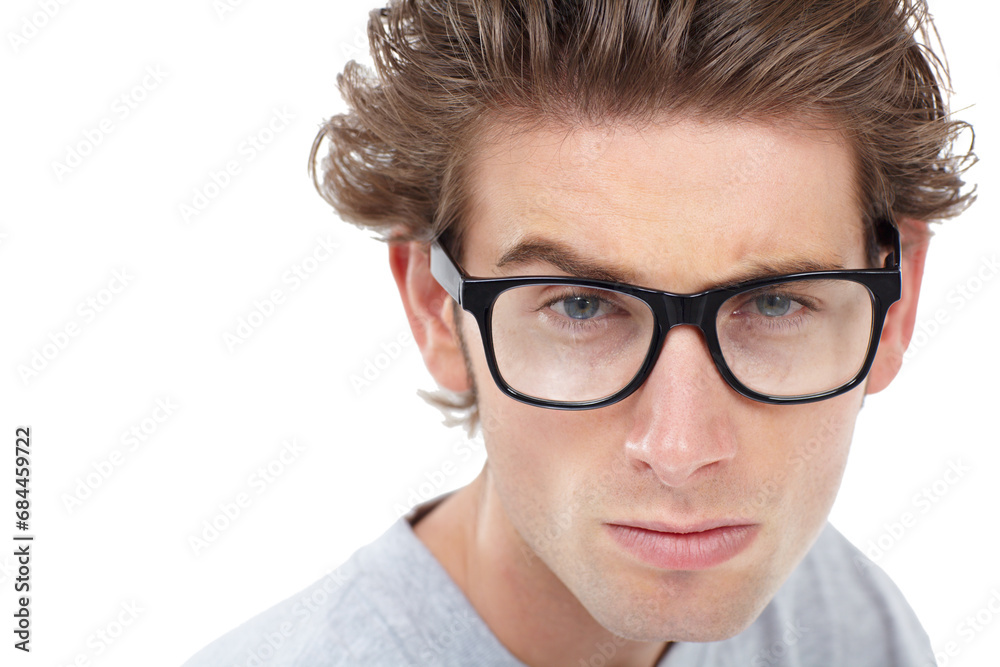 Nerd, portrait or glasses for questions, confused or doubt face expression by white background on studio space. Closeup, man or curious for vision, optometry or fashion frame choice for eyes solution