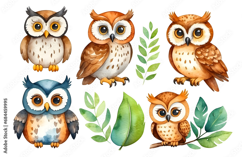 set of watercolor cute safari owl isolated on transparent background set of watercolor cute safari owl isolated on transparent background