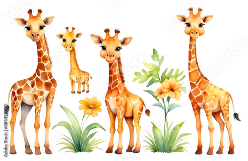 set of watercolor cute safari Giraffe isolated on transparent background