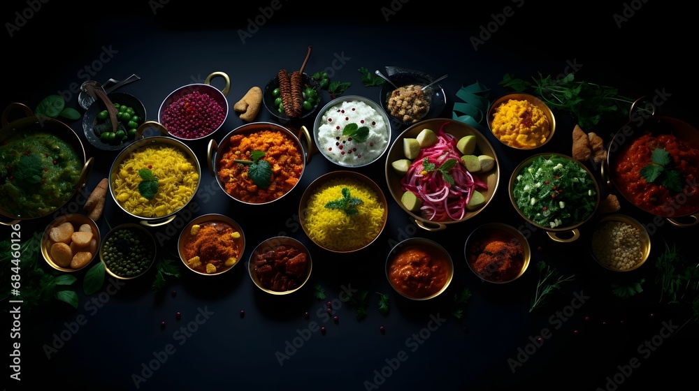 Indian food Curry butter chicken, Palak Paneer, Chiken Tikka, Biryani, Vegetable Curry, Papad, Dal, Palak Sabji, on a dark background.