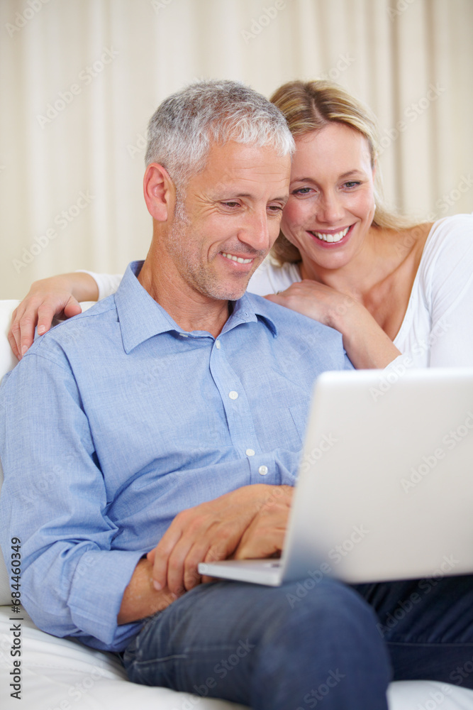 Mature couple, laptop and watching with laugh, conversation and living room couch. Social media, technology and communication with family, man and woman with connection, streaming and happy