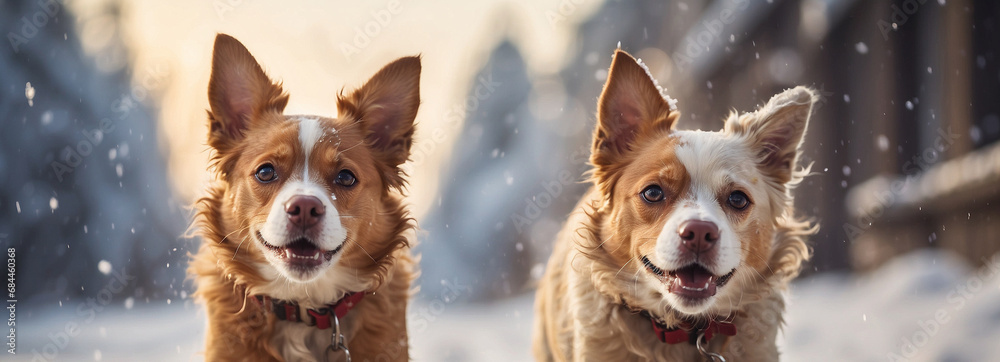 Two happy red dogs running through the snow ahead on winter sunny day, couple of pets walking outdoor in snowy forest