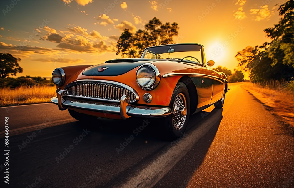 Vintage classic car on sunset