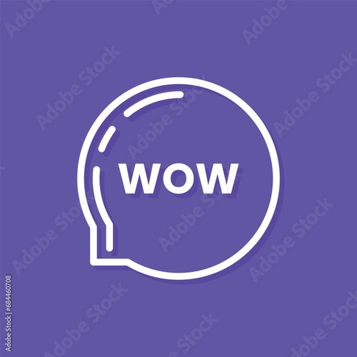 wow word in speech bubble. flat simple trend style logotype modern minimal graphic art sticker design isolated on purple. concept of surprise in internet communication or expression of astonishment