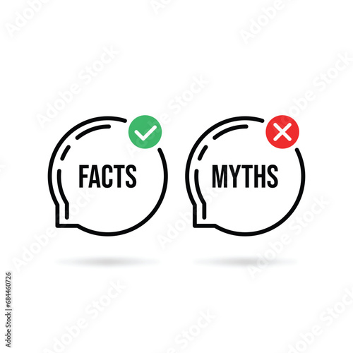 facts vs myths bubble like popup icon. flat outline trend modern logotype graphic design isolated on white background. concept of red and green x and checkmark or true or false and yes or no symbol
