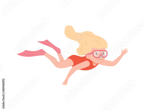Girl in diving mask and flippers swimming isolated on white background, snorkeler kid vector illustration
