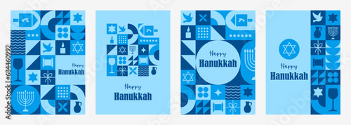 Set of Happy Hanukkah postcards. Modern neo geometric backgrounds. Vector illustration in bauhaus minimalist style. Composition of simple traditional jewish icons. Cards with Menorah, Dreidel.