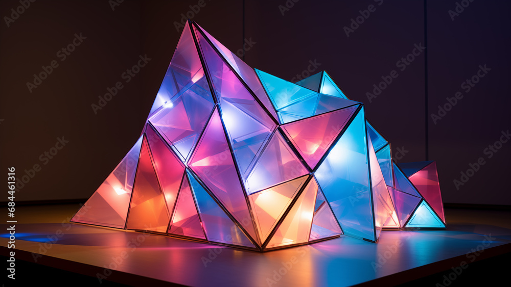 Image of a beautiful stain glass sculpture with polygonal glow in the indoor space of the museum Image of a beautiful stain glass sculpture with polygonal glow in the indoor space of the museum