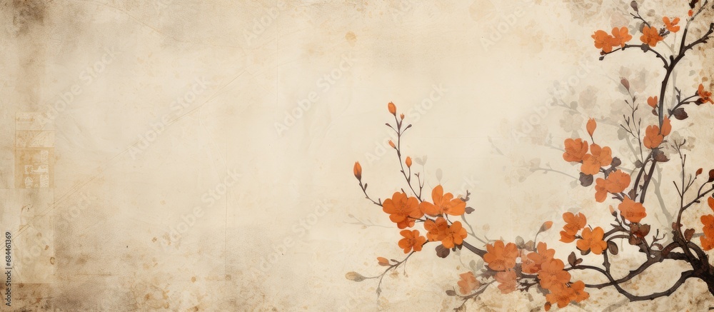 In an old garden, a vintage floral wallpaper, adorned with orange flowers and leaves, showcased its retro charm with grunge texture and stripes, while an isolated paper bud and branch added a natural