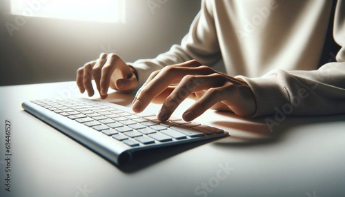 Close-up of Hands Typing on a Keyboard in a Modern Office Setting photo